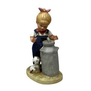 Vintage Homco #1501 Denim Days Girl with Milk Can and Kitten 1985 Home Interiors